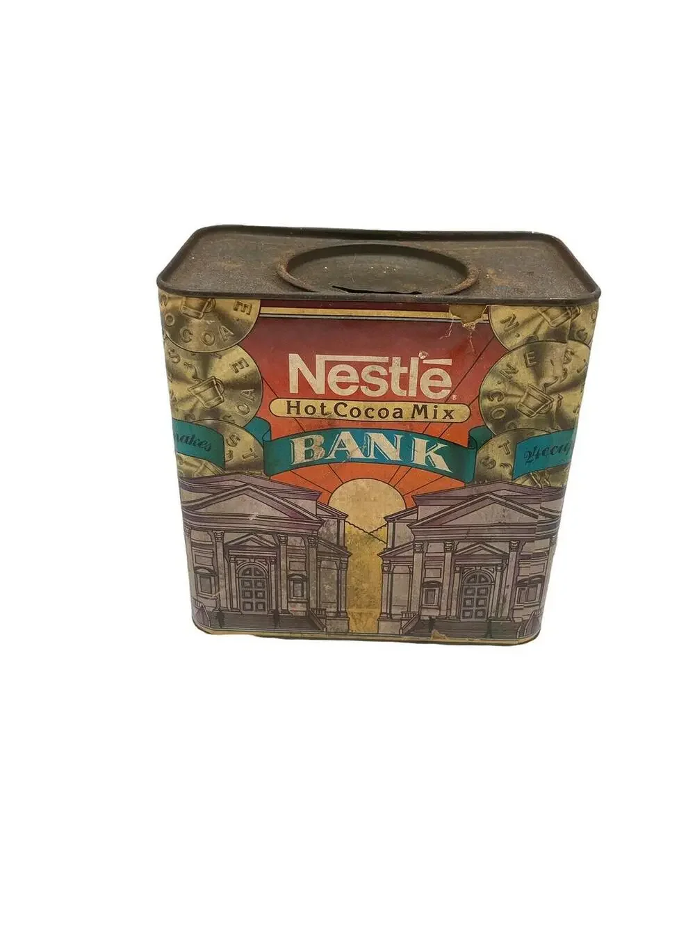Vintage 1980s Nestle Hot Cocoa Tin Bank: Rustic Farmhouse Decor